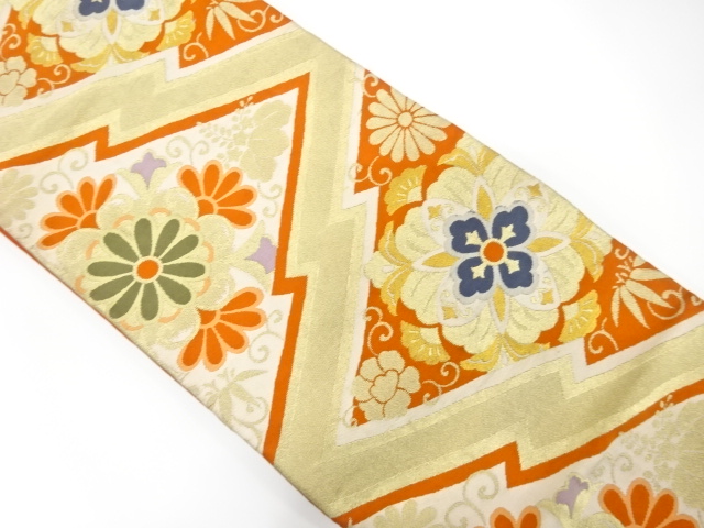 JAPANESE KIMONO / ANTIQUE FUKURO OBI / SILK / WOVEN ABSTRACT MATSUKAWABISHI & FLORAL ARABESQUE